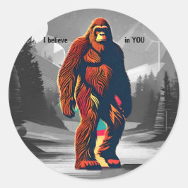 Pegatina Redonda Retro Sasquatch Misterioso Futuro Pie Grande