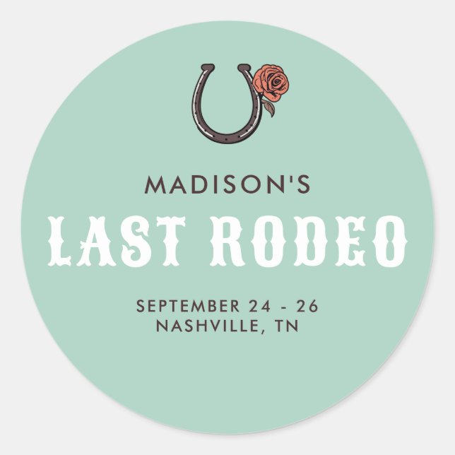 Pegatina Redonda Retro Sassy Last Rodeo Horseshoe Rosa Bachelorette (Anverso)