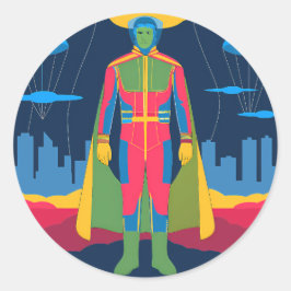 Pegatina Redonda Retro Sci-Fi Hero Over Cityscape