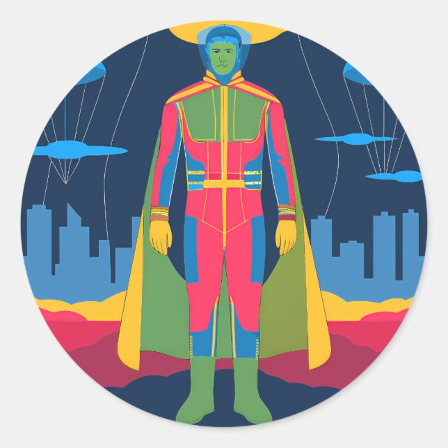 Pegatina Redonda Retro Sci-Fi Hero Over Cityscape (Anverso)