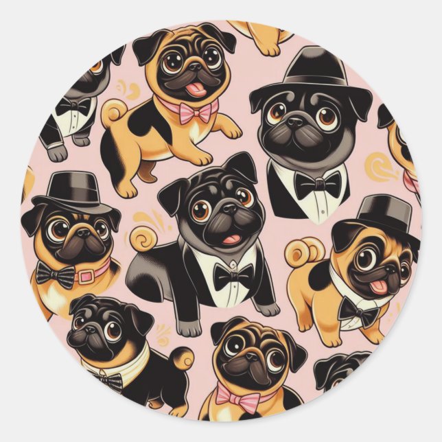 Pegatina Redonda Retro Seamless Cum Pug (Anverso)