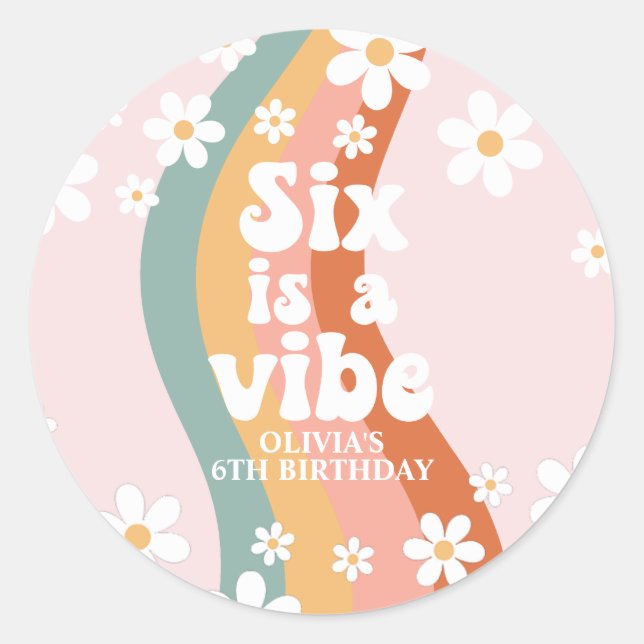 Pegatina Redonda Retro Six es un Cumpleaños 6 de Daisy Arcoíris Vib (Anverso)