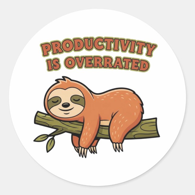 Pegatina Redonda Retro Sloth Productivity Is Overrated Vinyl Sticke (Anverso)