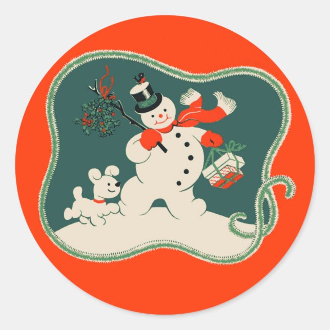 Pegatina Redonda Retro Snowman (Anverso)