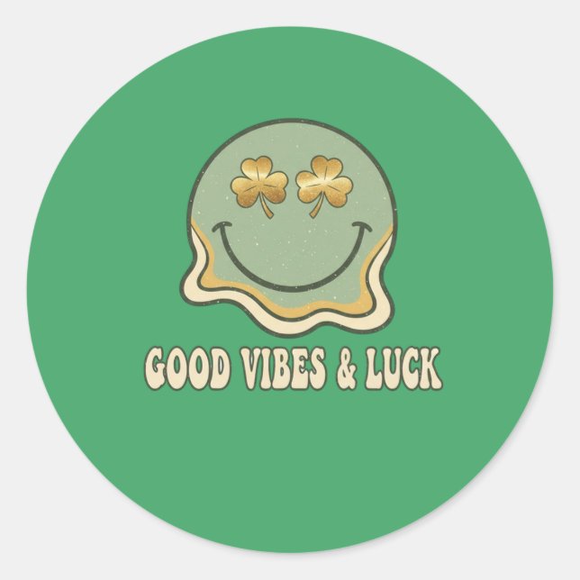 Pegatina Redonda Retro St. Patrick's Day Good Vibes & Luck Smiley  (Anverso)