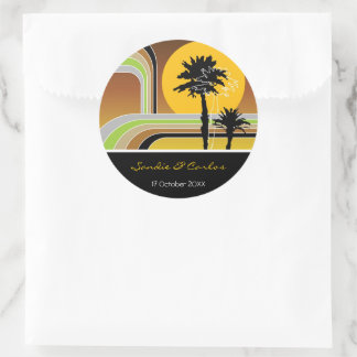 Pegatina Redonda Retro Stripes Sunset Boda de Palmeras Tropicales