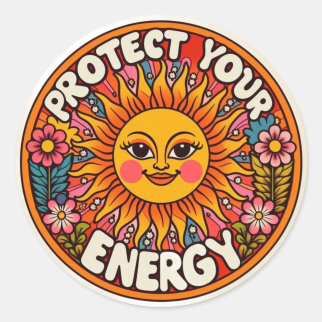 Pegatina Redonda Retro Sun & Flowers Protect Your Energy Sticker -  (Anverso)