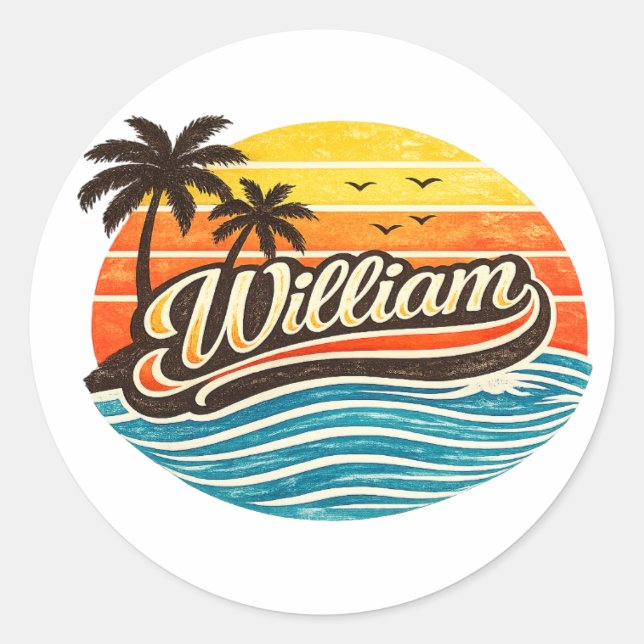Pegatina Redonda Retro Sunset Palm Tree Name Art – William (Anverso)