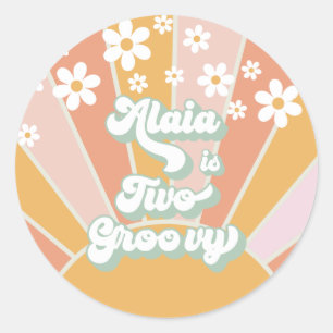 Pegatina Redonda Retro Sunshine Dos Cumpleaños Groovy Daisy