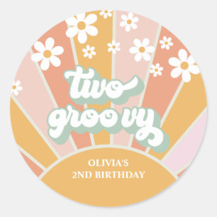 Pegatina Redonda Retro Sunshine Dos Cumpleaños Groovy Daisy
