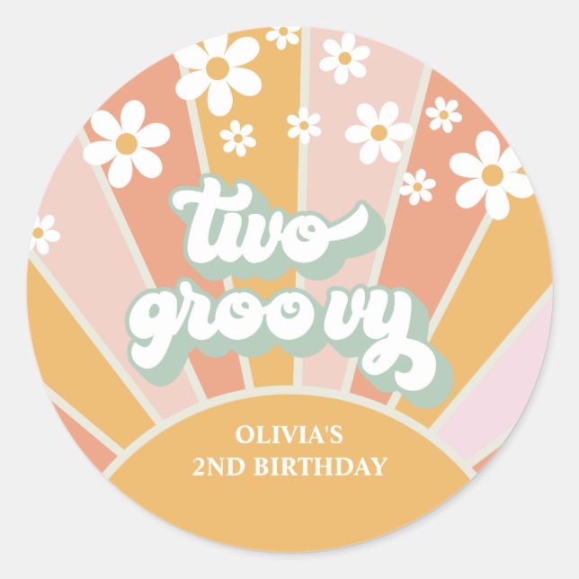 Pegatina Redonda Retro Sunshine Dos Cumpleaños Groovy Daisy (Anverso)