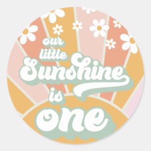 Pegatina Redonda Retro Sunshine margarita boho floral primer cumple