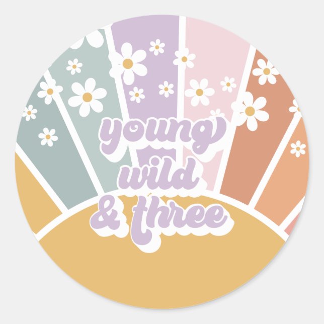 Pegatina Redonda Retro Sunshine Rainbow Daisy 3º Cumpleaños (Anverso)