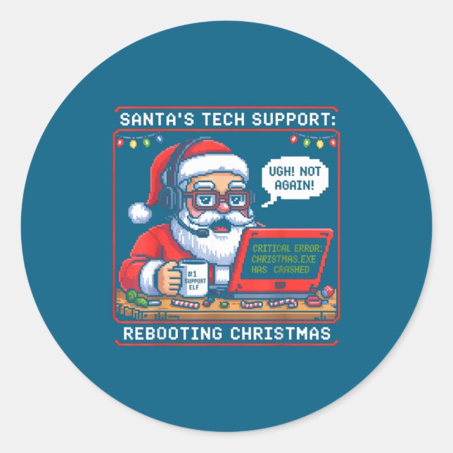 Pegatina Redonda Retro Support Tech s Santa Rebooting (Anverso)