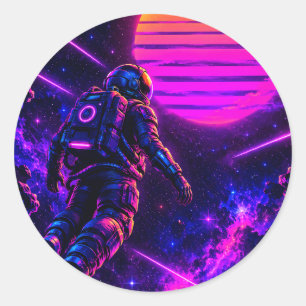 Pegatina Redonda Retro Synthwave Astronauta Ciberpunk Espacio Redon