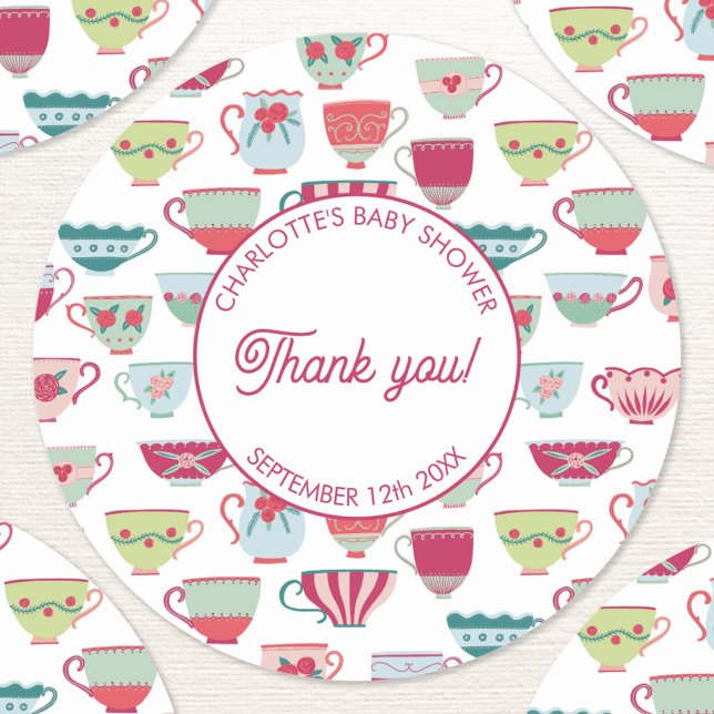 Pegatina Redonda Retro Tea Fiesta Baby Shower (Modern retro tea party baby shower thank you stickers)