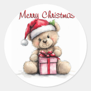 Pegatina Redonda Retro Teddy Beer Feliz Navidad