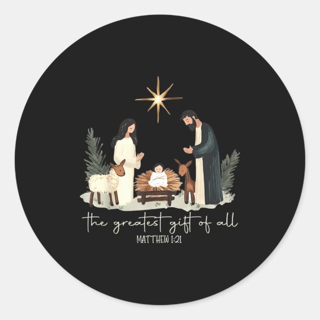 Pegatina Redonda Retro The Greatest Gift Of All Jesus Nativity Chri (Anverso)