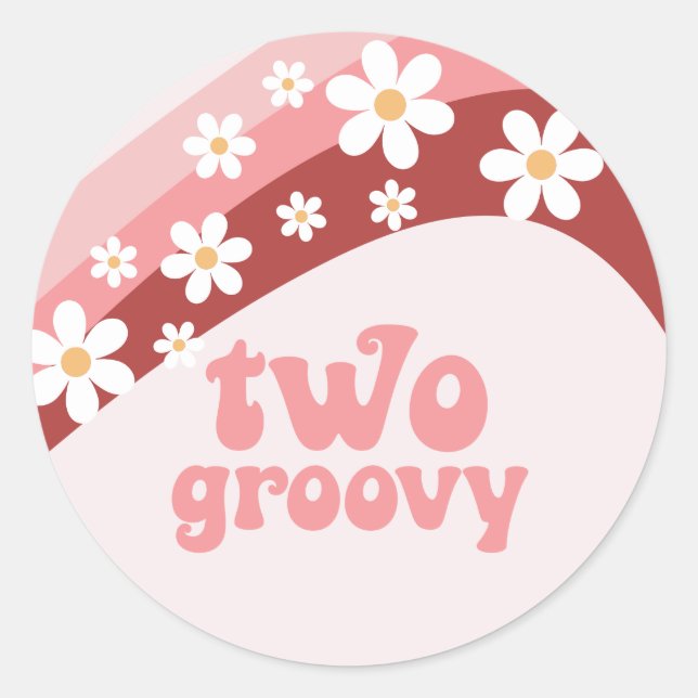 Pegatina Redonda Retro Two Groovy daisy boho floral 2º cumpleaños (Anverso)