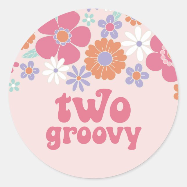 Pegatina Redonda Retro Two Groovy Floral Rosa (Anverso)