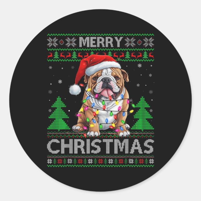 Pegatina Redonda Retro Ugly Xmas Sweater Style Santa Bulldog Dog Ch (Anverso)