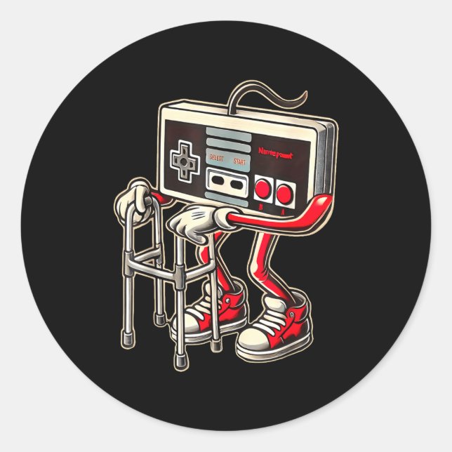 Pegatina Redonda Retro Video Game Controller With Walker Funny Game (Anverso)