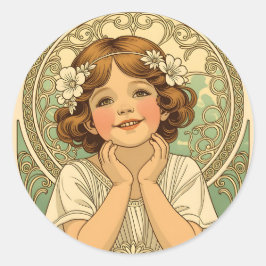 Pegatina Redonda retro vintage child with flowers