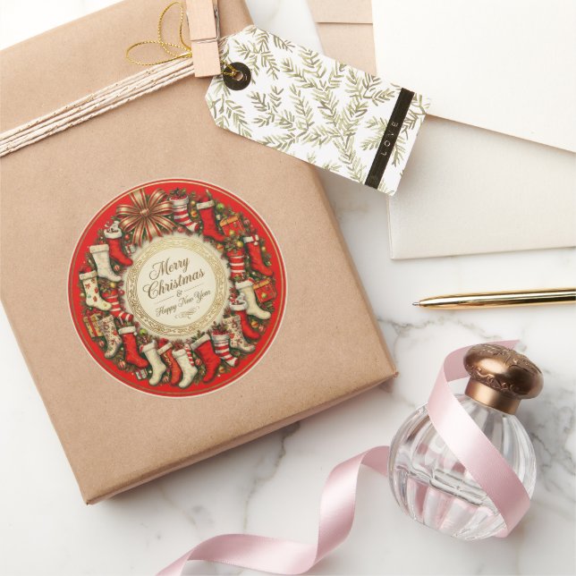 Pegatina Redonda Retro Vintage Christmas Stockings Red (Regalar)