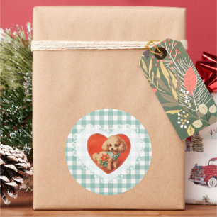 Pegatina Redonda Retro Vintage Coquette Baby Animals Dog Gingham