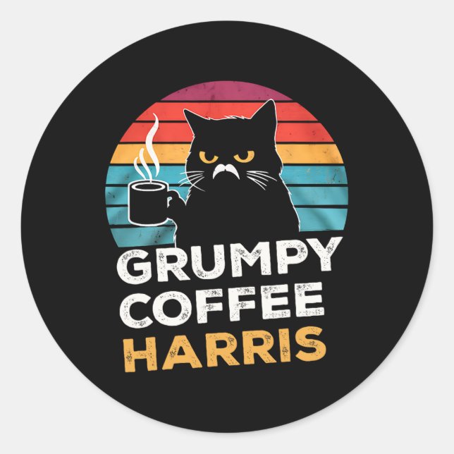 Pegatina Redonda Retro Vintage Grumpy Coffee Harris (Anverso)