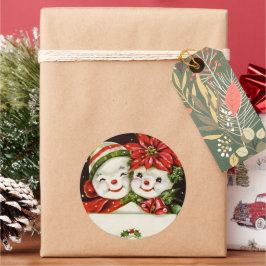 Pegatina Redonda retro vintage navidad pareja de nieve