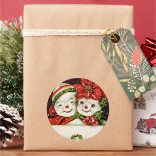 Pegatina Redonda retro vintage navidad pareja de nieve