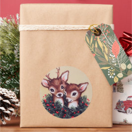 Pegatina Redonda retro vintage Navidad reno festividad