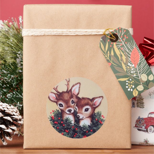 Pegatina Redonda retro vintage Navidad reno festividad (Vacaciones)