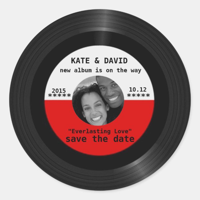 Pegatina Redonda Rétro Vinyl Record l Modern Save-the-Date (Anverso)