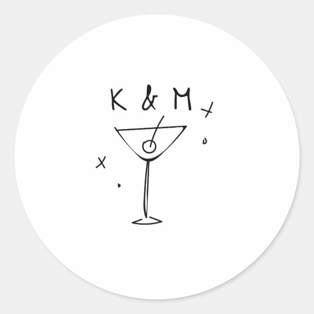 Pegatina Redonda Retro Whimsical Martini Hand Drawn Custom Initials (Anverso)