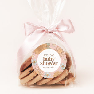 Pegatina Redonda Retro Wildflower Chica Baby Shower