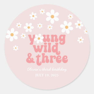 Pegatina Redonda Retro Young Wild 3 Daisy floral 3º cumpleaños
