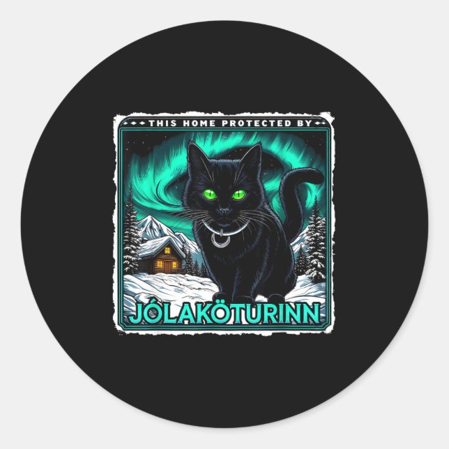 Pegatina Redonda Retro Yule Cat Icelandic This Home Protected Jólak (Anverso)