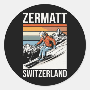 Pegatina Redonda Retro Zermatt Suiza Estación de Esquí