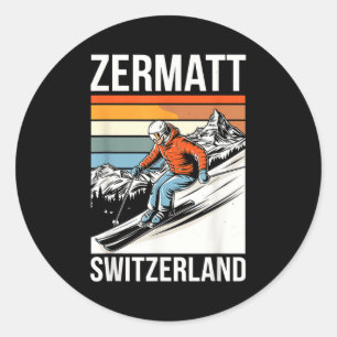 Pegatina Redonda Retro Zermatt Suiza estación de esquí diversión al