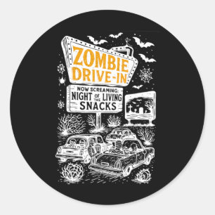 Pegatina Redonda Retro Zombie Drive En Skeleton Movie Night Hotel H