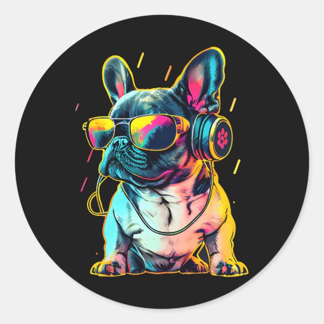 Pegatina Redonda Retrowave French Bulldog with Headphones and Sungl (Anverso)