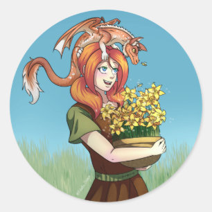 Pegatina Redonda Reuniendo flores con un dragón