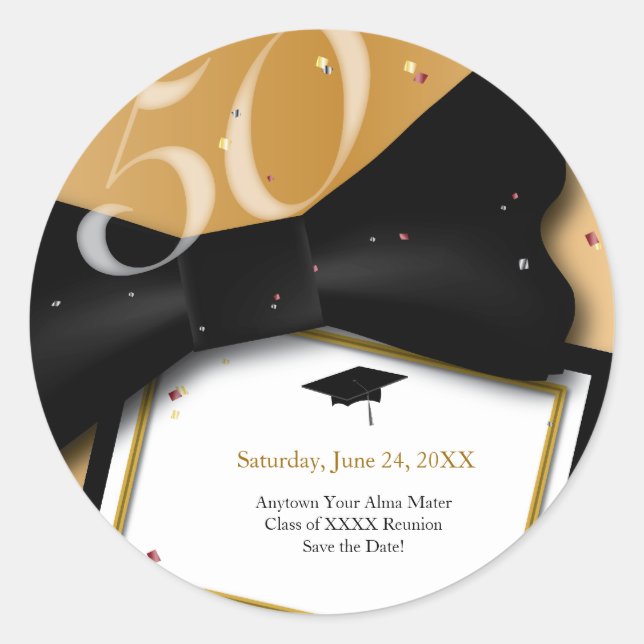 Pegatina Redonda Reunión de clase de personalizable de 50 años Guar (Anverso)