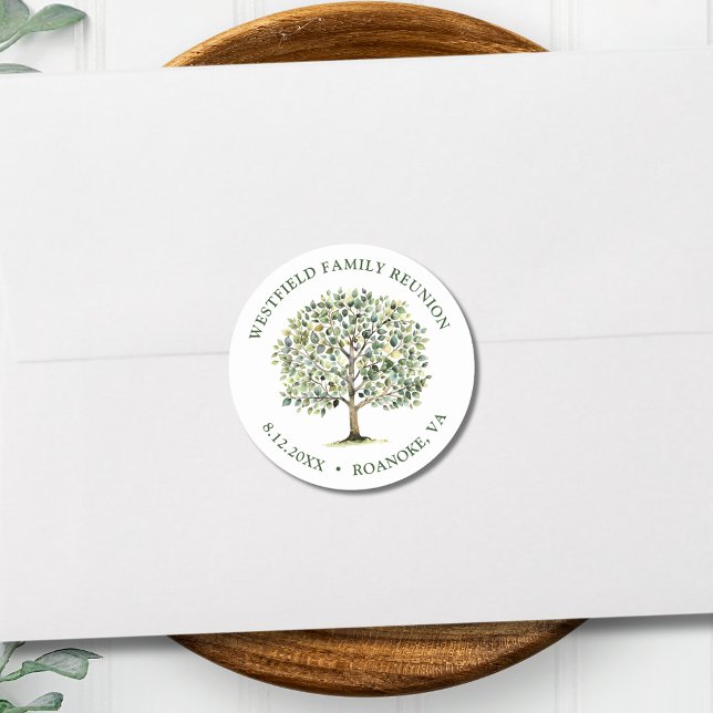 Pegatina Redonda Reunión Familiar Árbol Acuarela Bosque (Family Reunion Woodland Watercolor Tree Envelope Seal Classic Round Sticker)