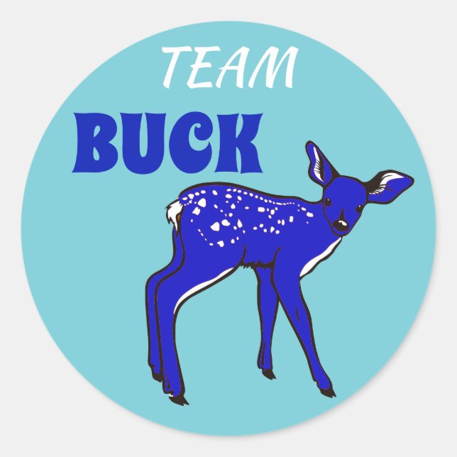 Pegatina Redonda Revelación de género azul de "Team Buck" (Anverso)