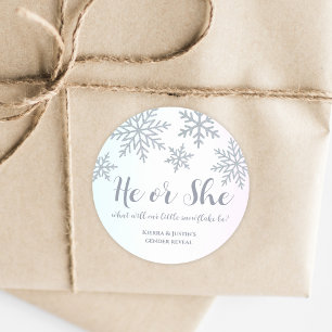 Pegatina Redonda Revelación De Género De Copo De Nieve De Invierno 