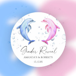 Pegatina Redonda Revelación de género de delfines acuarelas
