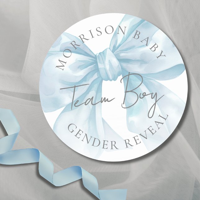 Pegatina Redonda Revelación de género de Team Boy Blue Bow (Team Boy Blue Bow Gender Reveal Classic Round Sticker )